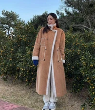 Women Motorcycle Faux Suede Lamb Wool Liner Coat Buckle Mid Length Parka Warm 