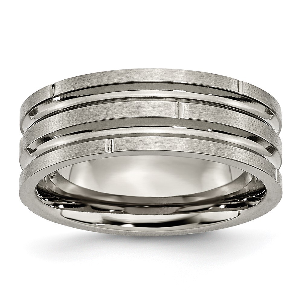 Titanium Polished and Satin 8mm Grooved and Notched Band Ring Size 10
