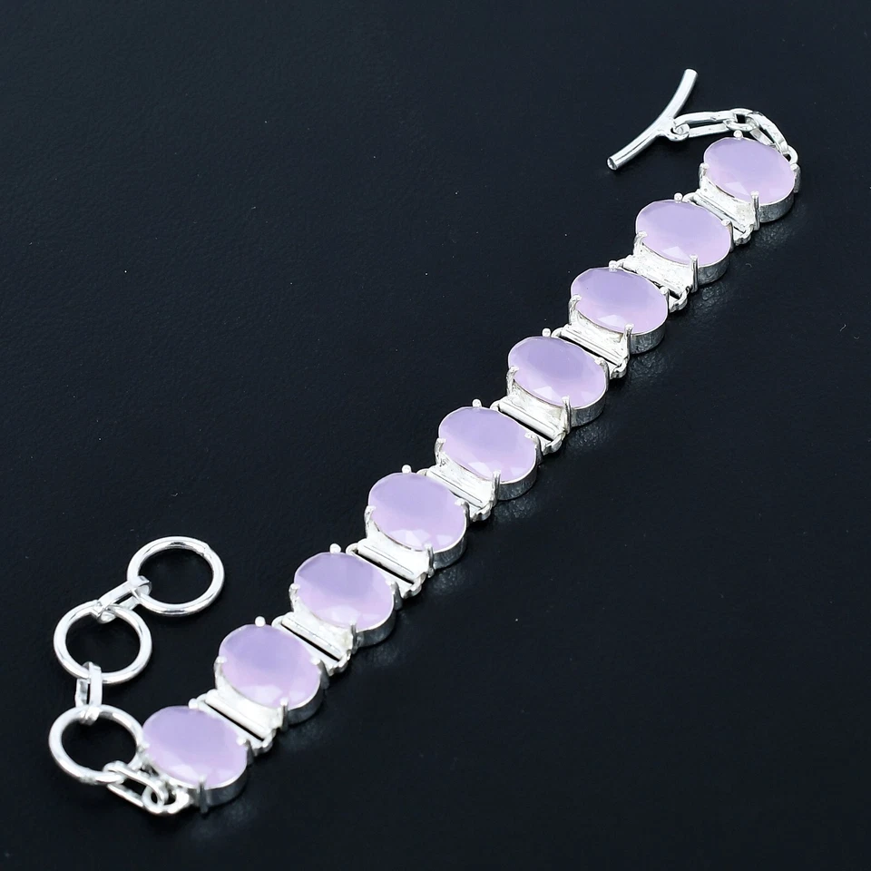 Bracciale In Pietra Di Calcedonio Rosa In Argento Sterling 925 Fatto A Mano - Immagine 3 di 4