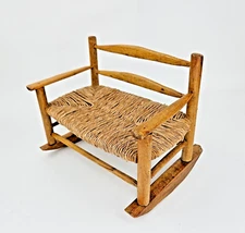 VTG  Doll Toy Bear Rocking Ladderback Settee Rocking Bench Woven Seat 9" Length