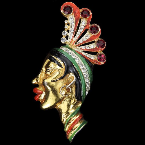 Corocraft Sterling Gold Pave & Enamel Lady with Headdress & Pendant Earring Pin