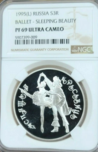 1995 RUSSIA SILVER 3 ROUBLES SLEEPING BEAUTY NGC PF 69 ULTRA CAMEO TOP POP !!!