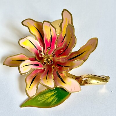Vintage Easter Lilly Flower Holder Brooch Pin Pink Fuchsia Gold tone Hidden Tube