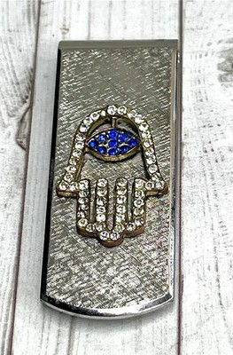 14K Weißgold Über Bösen Blick Hamsa Schutz Geldclip Blauer Saphir & Diamant 1P