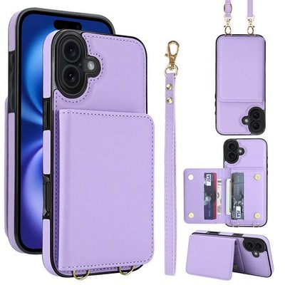 For iPhone 17 Pro Max 16 15 Crossbody PU Leather Wallet RFID Card Holder Case