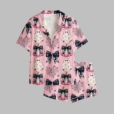 2025 Halloween Cute Ghosts Pumpkins Spiderwebs Bows Pajamas Set