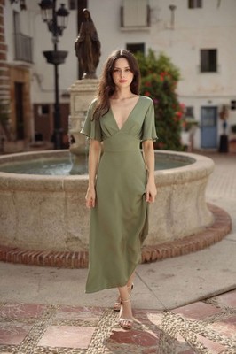 GAALA Paris Coralie Midi Silk V-Neck Flutter Sleeve Sage Green Dress SZ 42/XL