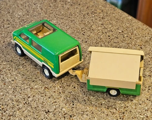 Vintage 1970’s Tonka Green Van with Pop Up Camper, Pressed Steel USA Toy