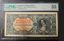 1946 Hungary Hyper inflation Issue 100,000 Milpengo P-127 large,- Choice VF Rare