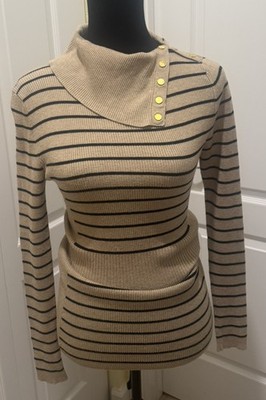 Vintage Cache beige Black stripes Sweater gold buttons. 