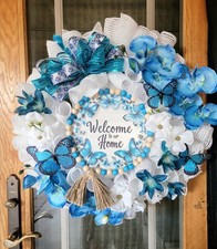 Everyday Wreath Deco Mesh Turquoise Floral Butterflies Wood Beads 24 In.