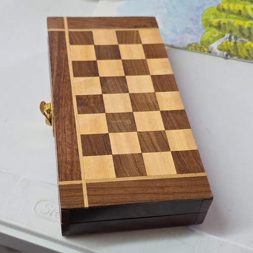 Wood Folding Chess Board Set w/ Storage & Wooden Pieces, Brown/Beige