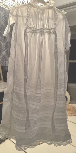 Antique  19 th century Baptism Christening Dress Beautiful Lace & Linen  signed 