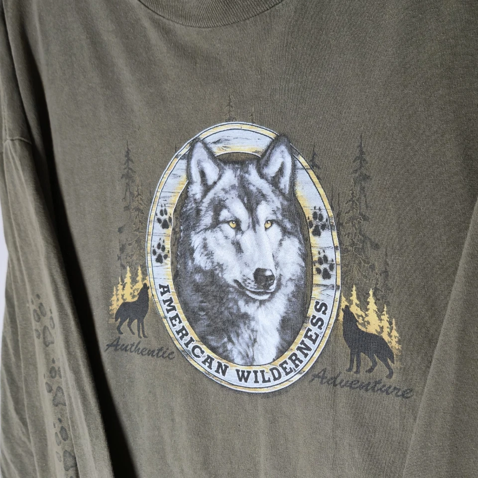 Винтажная футболка с длинным рукавом Y2K American Wilderness Wolf размер 2XL зеленая - Изображение 2 из 4