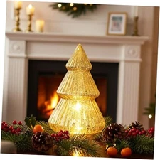 Light Up Glass Christmas Tree with Timer, Tabletop Gold Mercury Christmas Tree 
