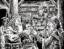 Adventurers Drinking in Pub-OOAK Fantasy Ink Drawing-Wizard-Elf-Warrior-Myke Art