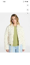 Women  s Floral Quilted Jacket Zip Front Pockets Cream 100 Polyester