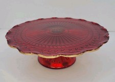 Vintage 9.5" Gold Leaf Red Glass Pedestal Cake Stand Scalloped Edge Vine *Read*