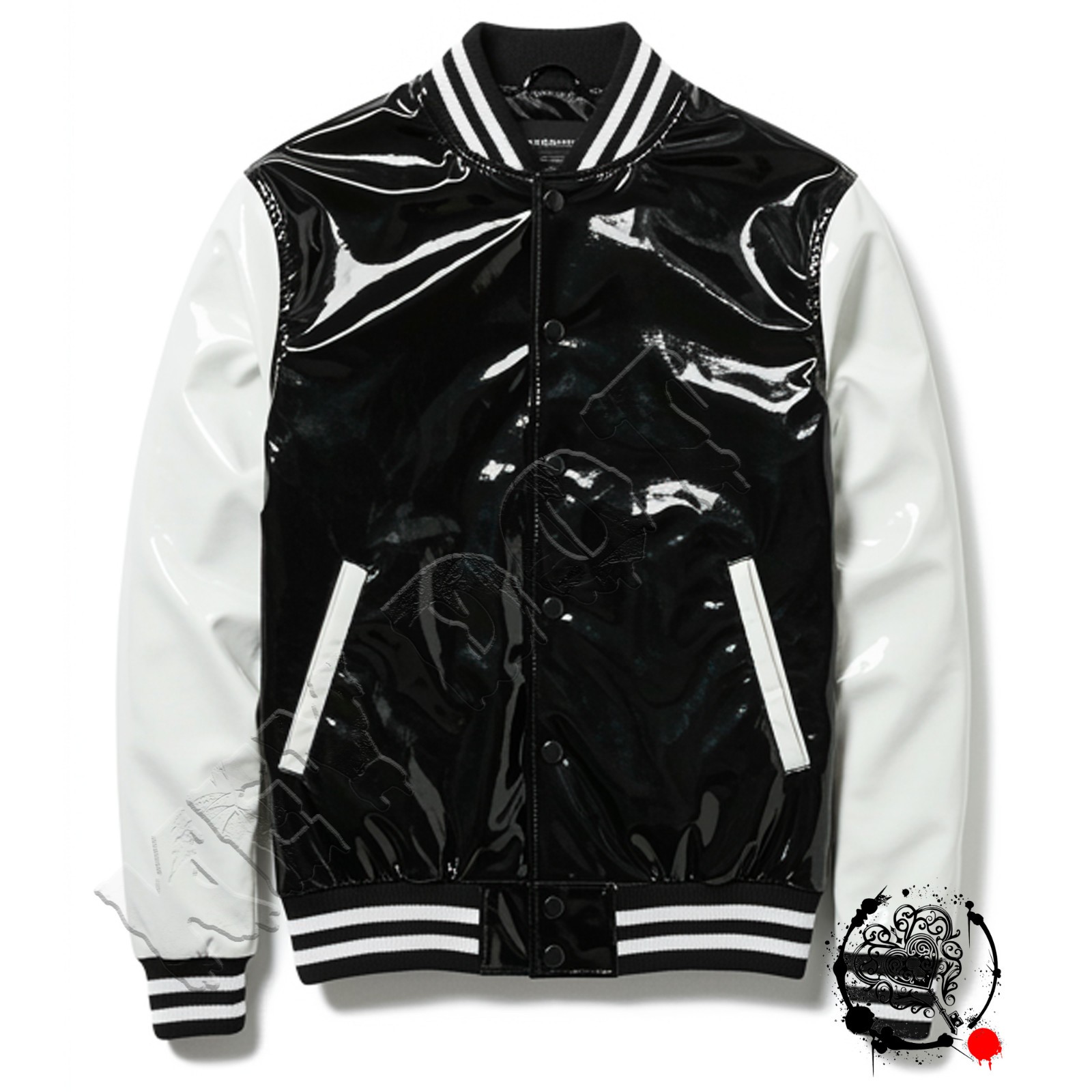 Men Varsity Bomber Jacket Black PVC Vinyl Shiny Glossy Wet Look White Sleeves