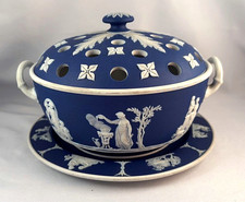 Rare LARGE Antique Wedgwood Dark Blue Dip Jasperware 3-Part Potpourri w/Tray