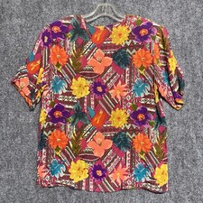 Vintage Bright Colorful Floral 100 Silk Button Back Blouse Size Small