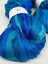 Sari silk ribbon, ribbon yarn, peacock blue, 40m, knit, weave, fibre art. UK