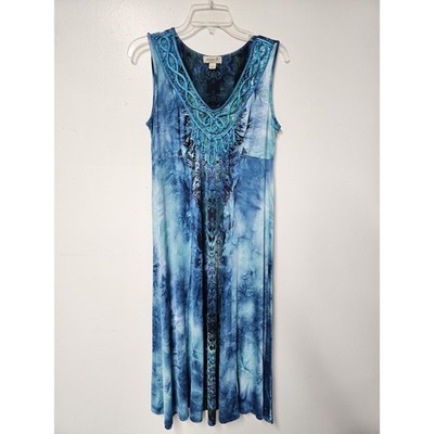 One World Women's Small Tank Maxi Dress Blue Neck Ribbon Embroidered Artsy