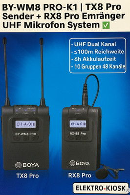 Boya BY-WM8 PRO-K1 | TX8 Pro Sender +RX8 Pro Empfänger UHF Mikrofon System   NEU