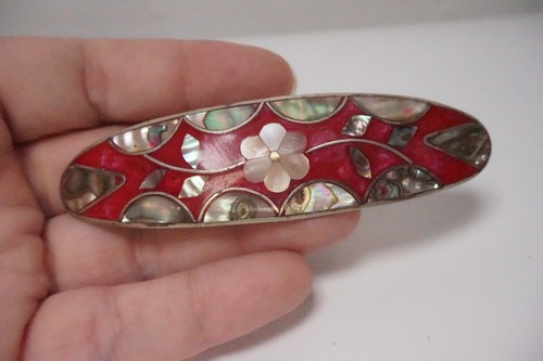 Vintage Barrette, Silver Tone, Burgundy Stone and Abalone