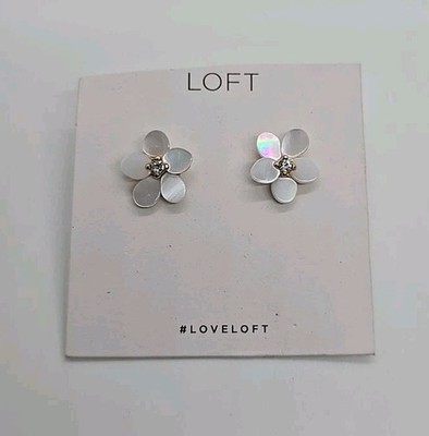 NWT LOFT Oversized Flower Stud Earrings MOP & Crystal Center Stunning (JER)