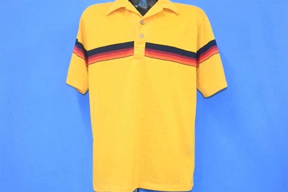 Винтажная рубашка-поло 70-х OP OCEAN PACIFIC ЖЕЛТАЯ В ПОЛОСКУ С БОЛЬШИМ ВОРОТНИКОМ ДЛЯ СЕРФИНГА БОЛЬШОЙ РАЗМЕР L  - Изображение 2 из 4