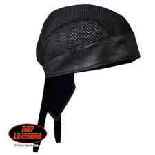 Vented Black Smooth Genuine Leather Biker Premium Headwrap Vented Mesh Durag