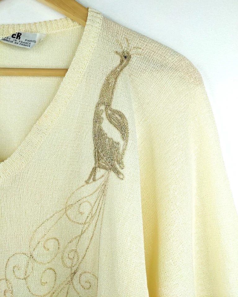 SUFER Париж винтажный 90-х женщин бежевый Павлин вышивка вязаный топ размер 10 12 M - Изображение 3 из 4