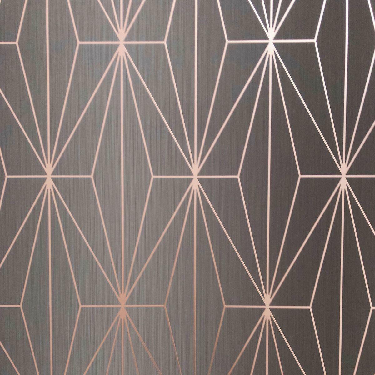 Muriva Kayla Charcoal & Rose Gold Geometric Wallpaper 10m - Grey - Metallic Star & Diamond Pattern - Image 2
