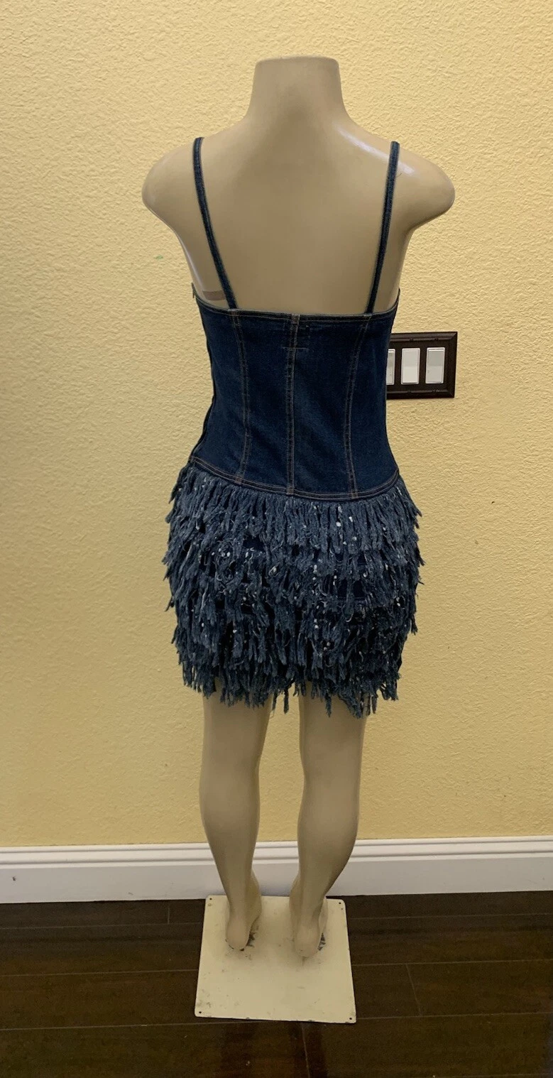 Mini abito vintage Moschino Jeans taglia 8 blu spaghetti strap denim con frange