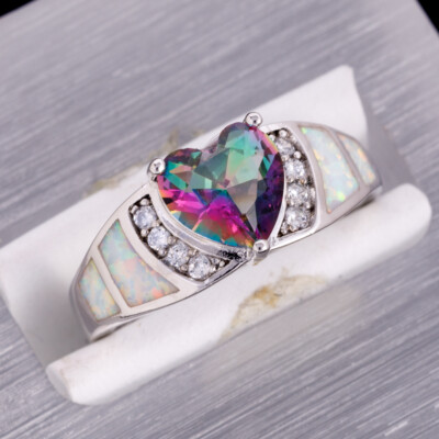 8x8 Heart Rainbow Mystic Topaz White Fire Opal Silver Jewelry Ring Size 7 8 9 10
