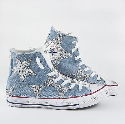 converse all star bianca con jeans e stelle in glitter argento e sporcatura  | eBay