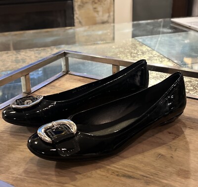 STUART WEITZMAN Black Patent Size Ballet Flats Shoes w/ Silver Tone  Buckle