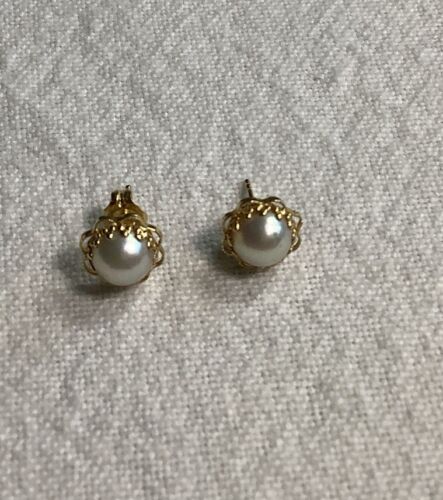 Vintage ZZ 14K Yellow Gold Pearl Circle Stud Earr… - image 1