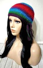 handmade crochet womans biker skull hat beanie chemo esmeralda stripes USA made