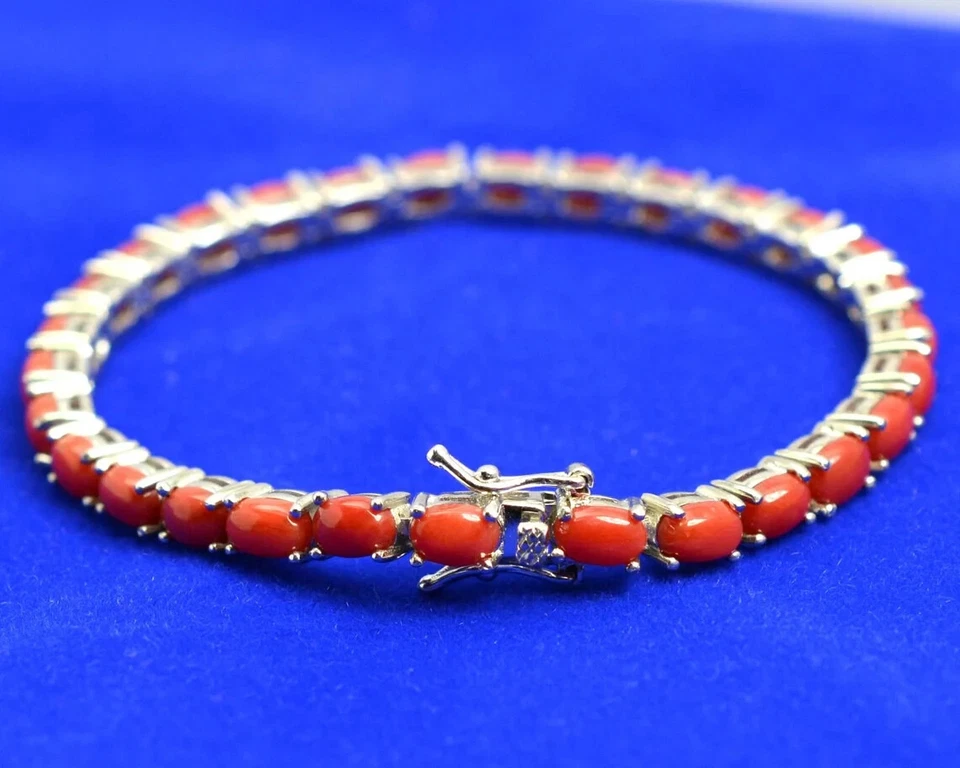 Brazalete de piedras preciosas de coral rojo de plata de ley 925 pulsera de tenis regalo por amor Foto 2 de 4