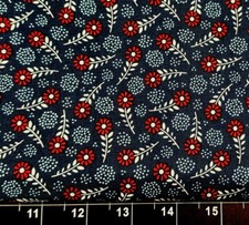 Tina Scrap 9"x21" Daisy Flower Floral Vine Leaf Calico Navy Red Cotton Fabric