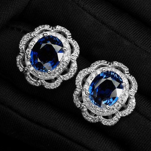 Floral Setting Royal Blue Sapphire 8.14Ct 925 Sterling Silver Handmade Earrings - Picture 2 of 5