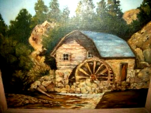 FOLK ART OIL PAINTING MILL HOUSE STREAM LANDSCAPE NAIVE MASONITE CHUNKY OAK VTG - Image 2 of 4