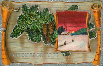 Christmas Greeting Pine Bough, Winter Scene - Vintage 1910 Holiday Postcard