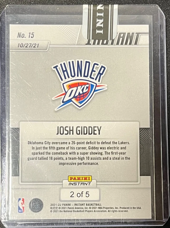 2021-22 PANINI INSTANT JOSH GIDDEY INSTANT ROOKIE 2 OF 5 THUNDER - Image 2 of 2