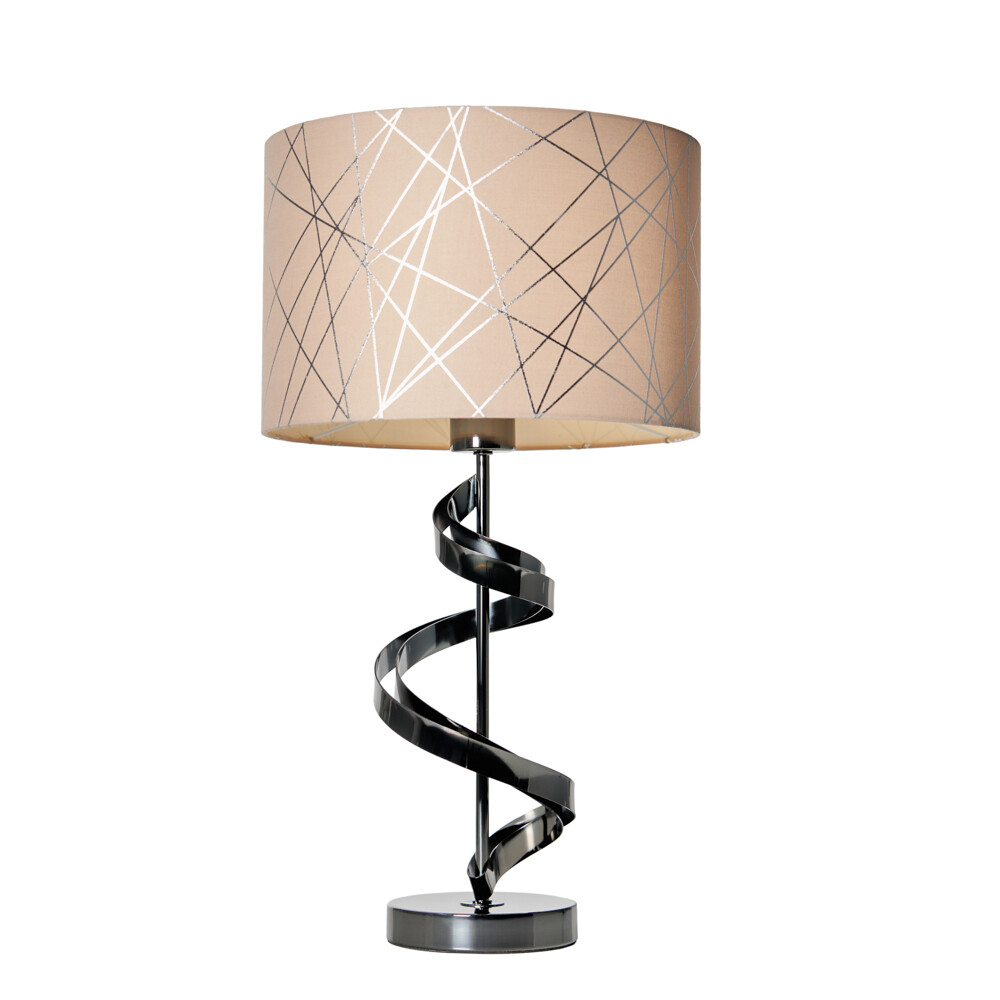 Litecraft Table Lamp Spiral E27 Base with Mocha, Silver Fabric Shade - Black