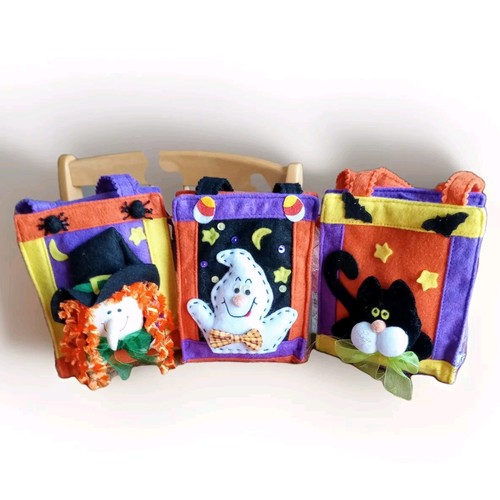 Vtg Lot3 Halloween Candy Treat Gift Bags Decoration Witch Ghost Cat Vinyl 6x5x2"