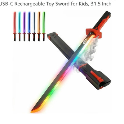 RGB Light Up Toy Saber Sword w/ Smoke Mist Effect, USB-C Rechargeable 31.5in