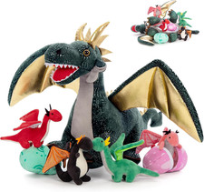 7Pcs Giant Dark Green Dragon Plush Toy, 21.7" Big Mother Dragon Stuffed Animal w